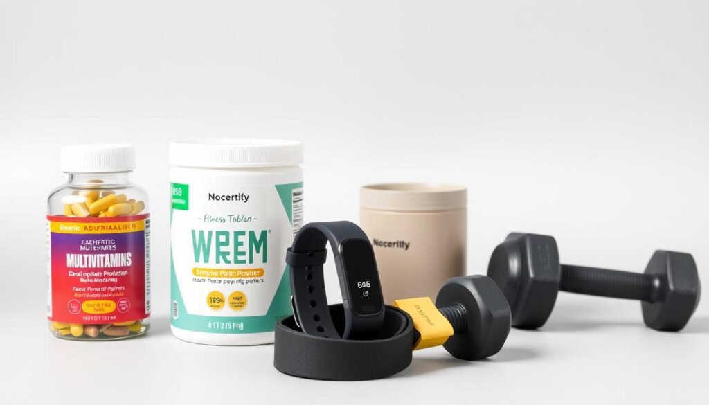 Collection of budget-friendly health products that offer good value including basic vitamins, fitness trackers, and home exercise equipment