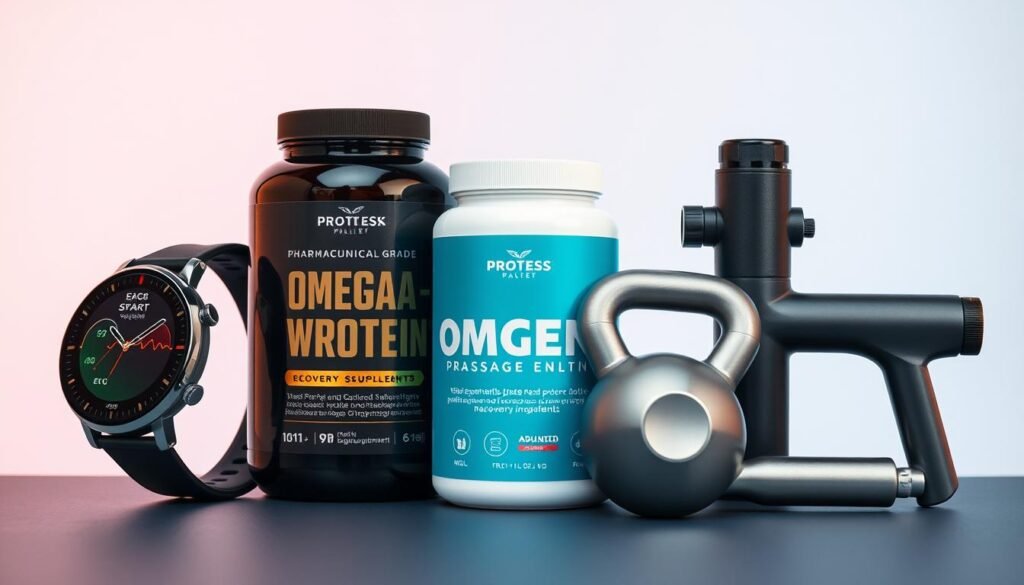 Collection of premium health products that justify their higher price including advanced fitness trackers, specialized supplements, and high-quality exercise equipment