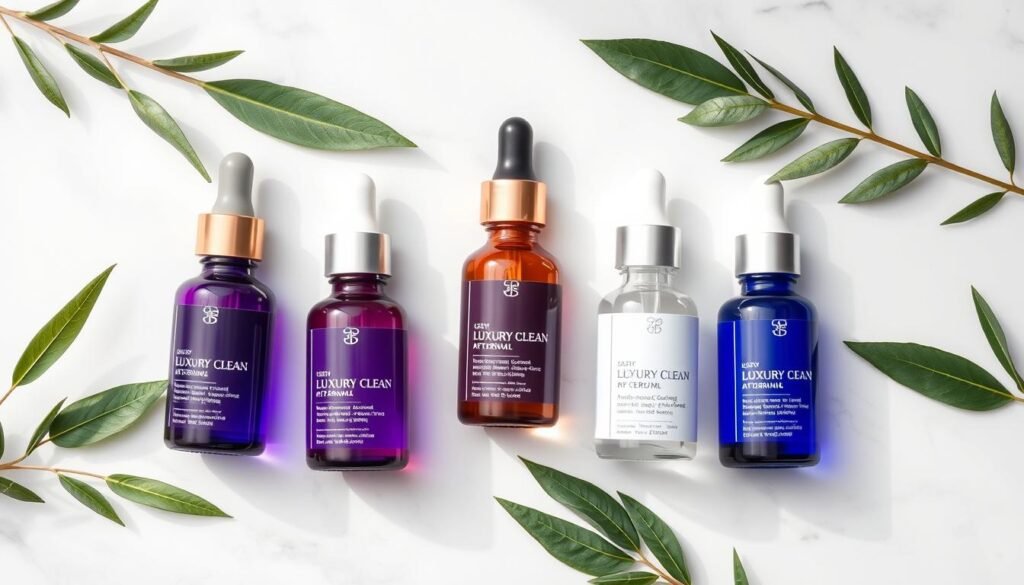Collection of the best clean beauty serums arranged on a clean white surface