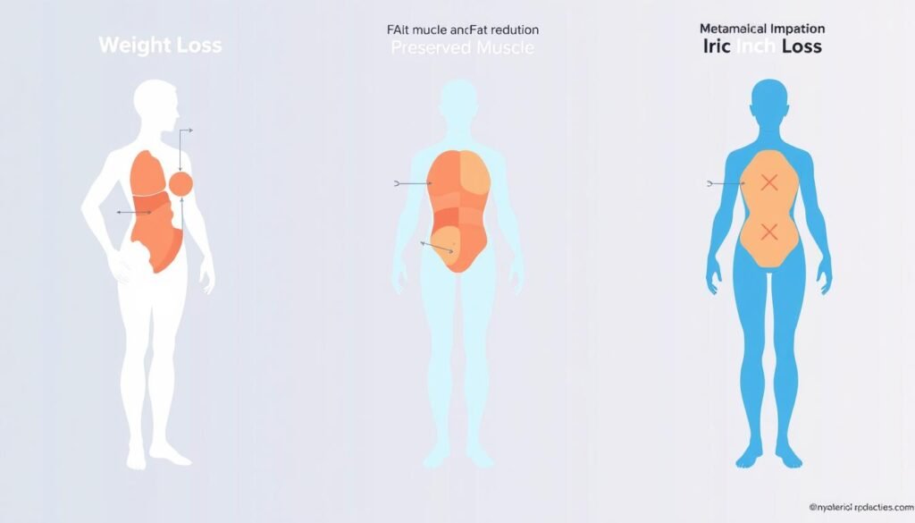Comparison of body composition changes showing weight loss vs fat loss vs inch loss effects on metabolism