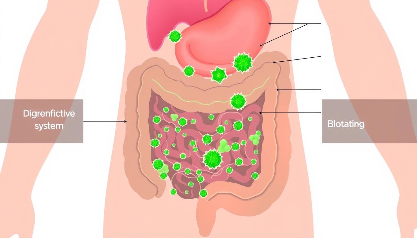 Diagram showing the connection between gut health and bloating with beneficial bacteria highlighted