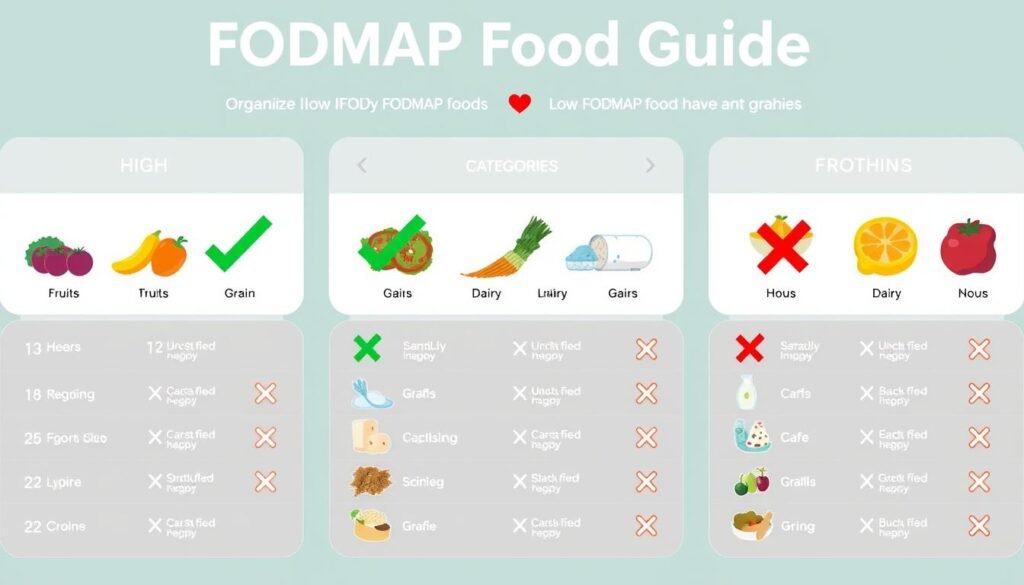 FODMAP food guide showing high and low FODMAP foods categorized by food groups FODMAP food guide showing high and low FODMAP foods categorized by food groups