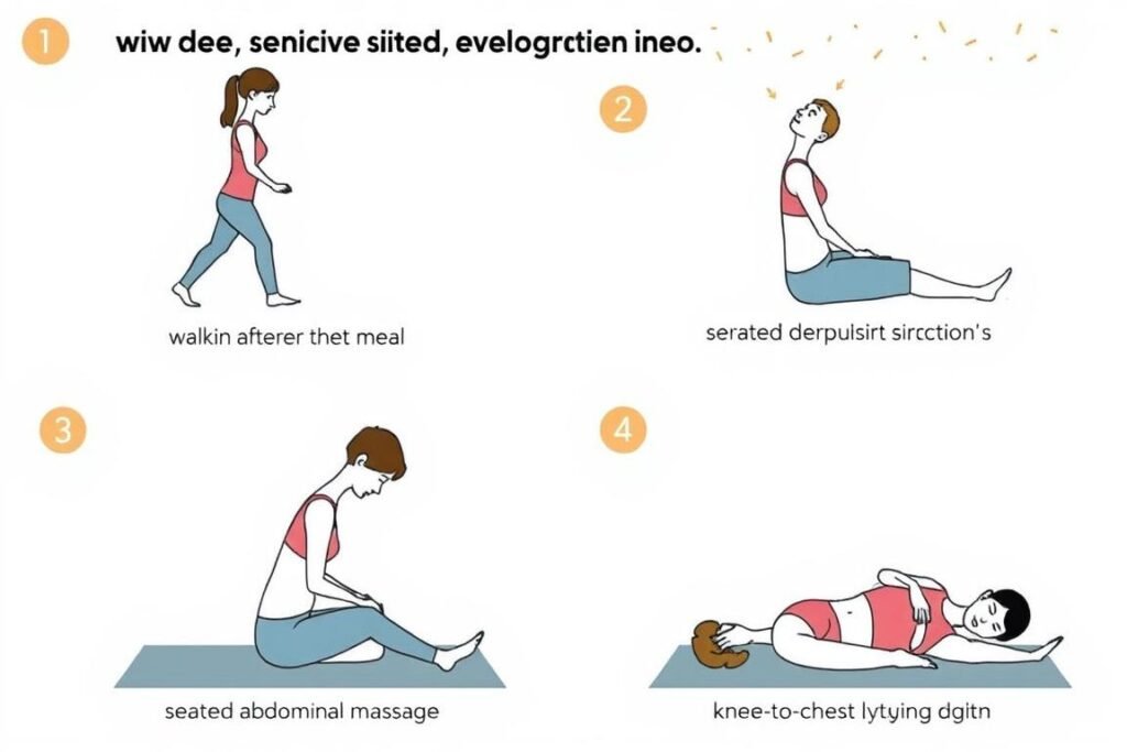 Illustration of gentle exercise movements that promote healthy digestion and reduce bloating Illustration of gentle exercise movements that promote healthy digestion and reduce bloating