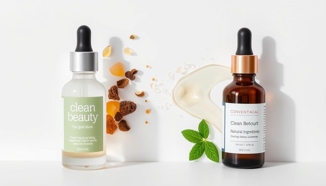 Illustration showing clean beauty serum ingredients versus conventional ingredients