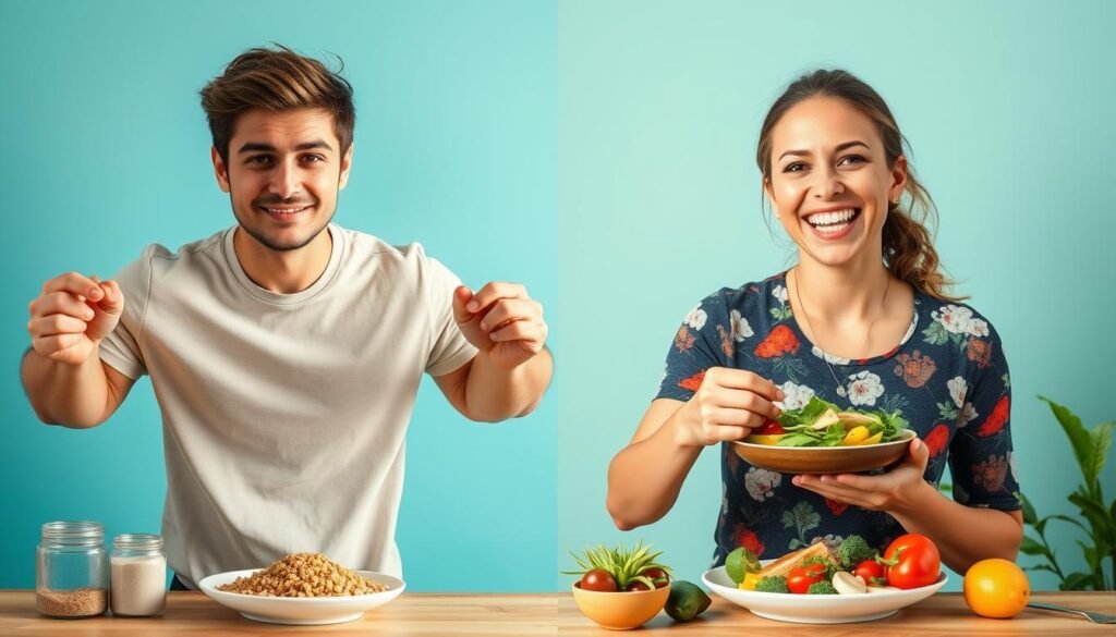 Person enjoying a healthy meal with visible improvement in bloating symptoms and increased energy Person enjoying a healthy meal with visible improvement in bloating symptoms and increased energy
