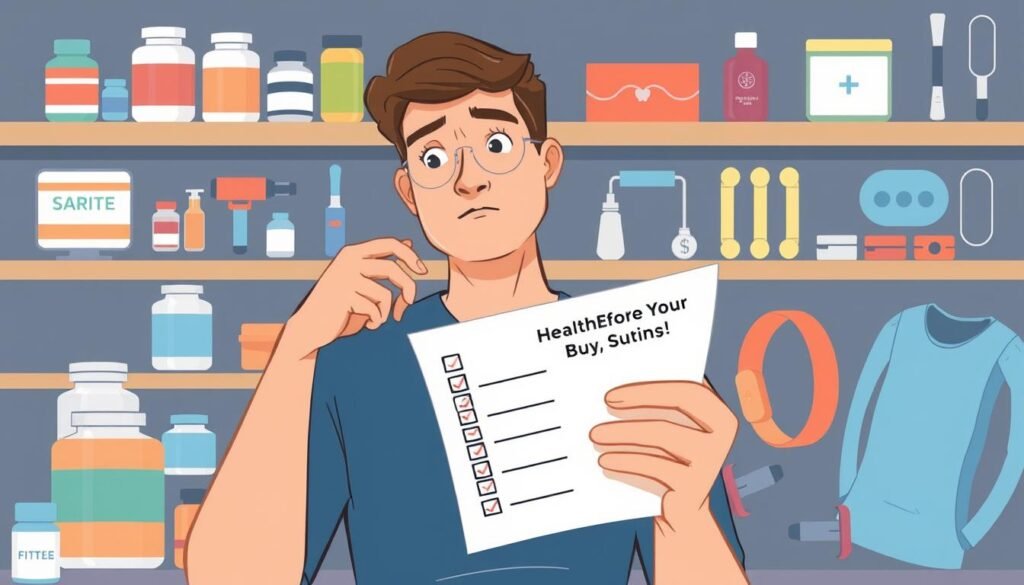 Person evaluating health products with a checklist showing the key questions to ask before making a purchase decision