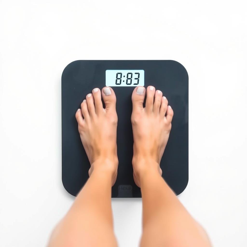 Person standing on a bathroom scale measuring weight loss
