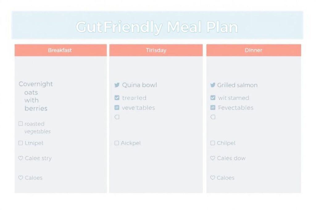Sample of a gut-friendly meal plan showing breakfast, lunch and dinner options that reduce bloating Sample of a gut-friendly meal plan showing breakfast, lunch and dinner options that reduce bloating