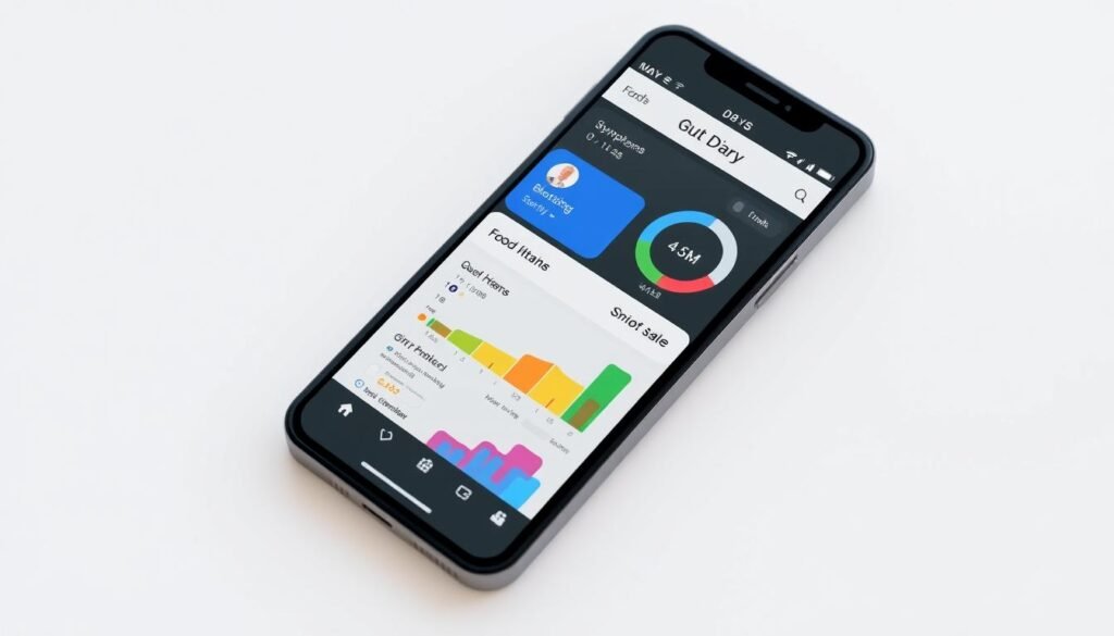 Smartphone displaying gut health tracking app with food diary and symptom tracking features Smartphone displaying gut health tracking app with food diary and symptom tracking features