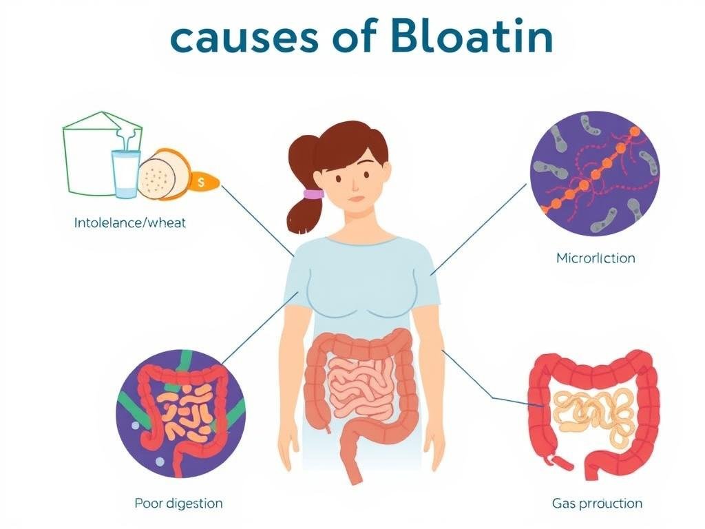 Visual representation of common bloating triggers including food intolerances, stress, and poor digestion Visual representation of common bloating triggers including food intolerances, stress, and poor digestion