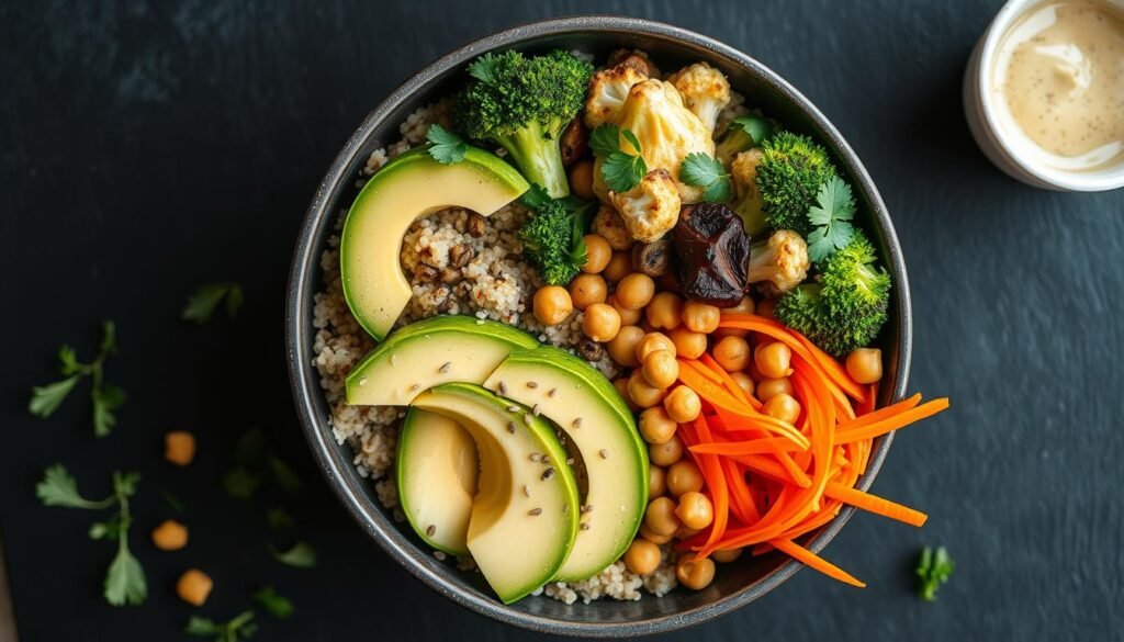 A colorful hormone-balancing bowl with roasted vegetables, avocado, and seeds - foods that balance hormones naturally