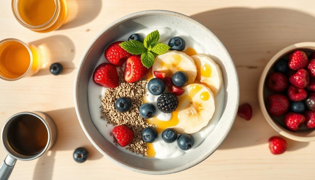 A hormone-balancing breakfast bowl with yogurt, flaxseeds, and berries - foods that balance hormones naturally