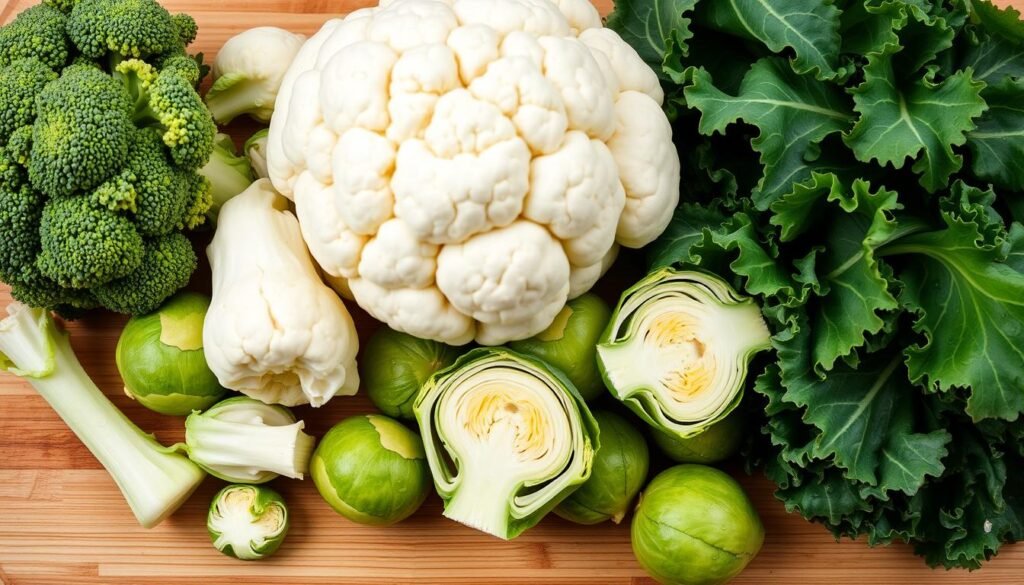 Assortment of cruciferous vegetables including broccoli, cauliflower, and brussels sprouts that help balance hormones naturally