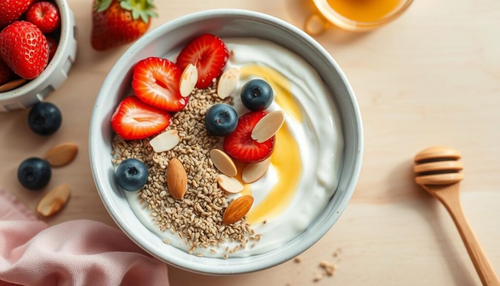 Breakfast bowl with yogurt topped with ground flaxseeds, berries and nuts - foods that balance hormones naturally