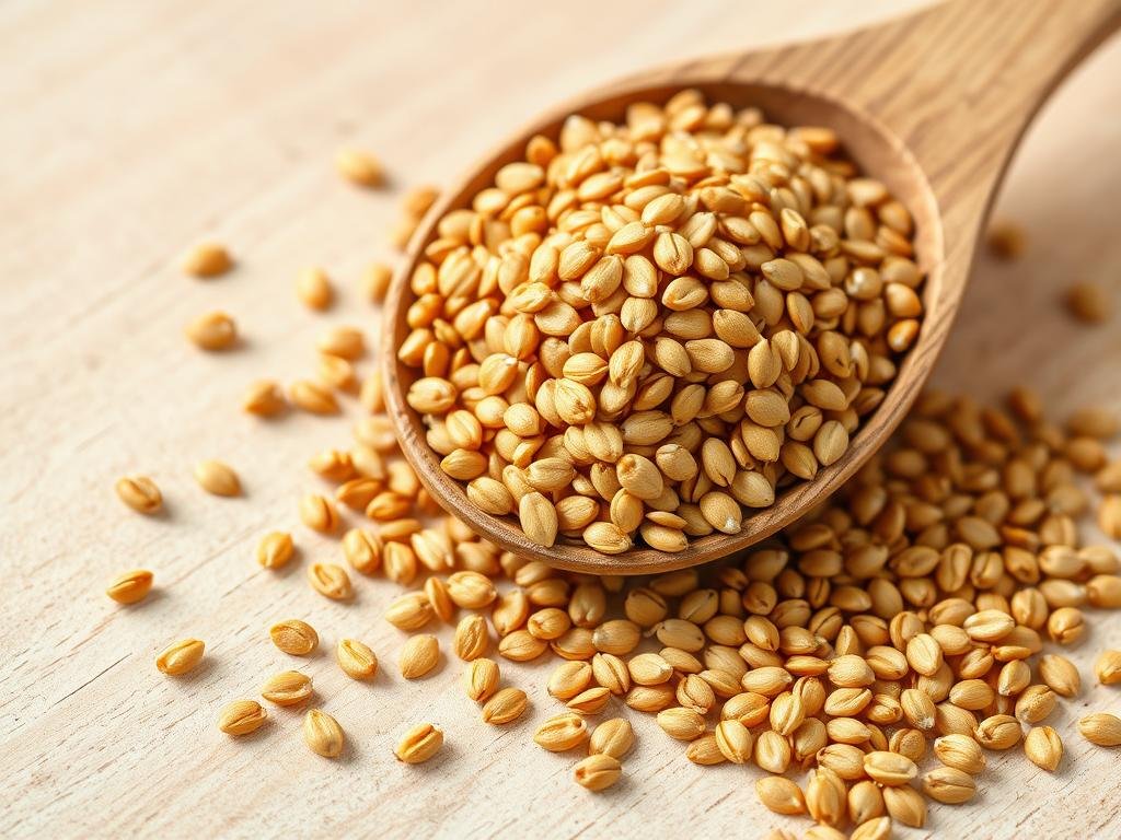 Golden flaxseeds in a wooden spoon with whole seeds scattered around, showcasing foods that balance hormones naturally