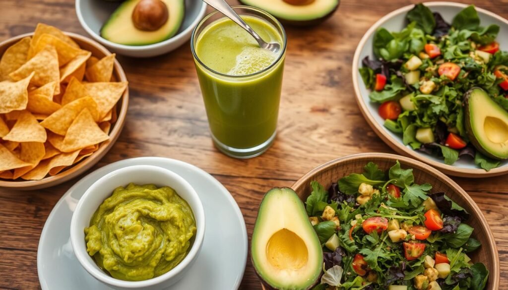 Various avocado dishes including guacamole, avocado smoothie, and avocado salad - foods that balance hormones naturally