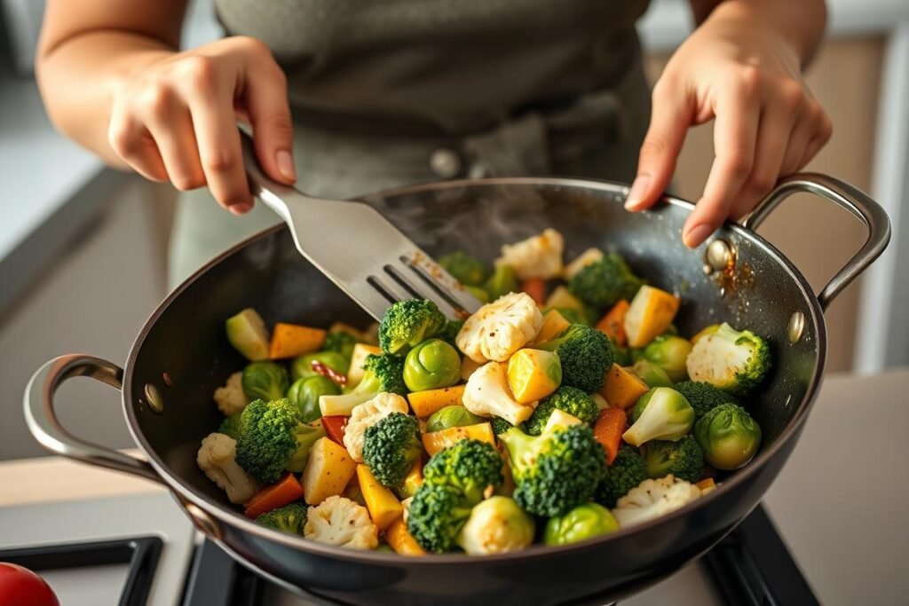 Woman preparing a stir-fry with broccoli and other cruciferous vegetables that balance hormones naturally