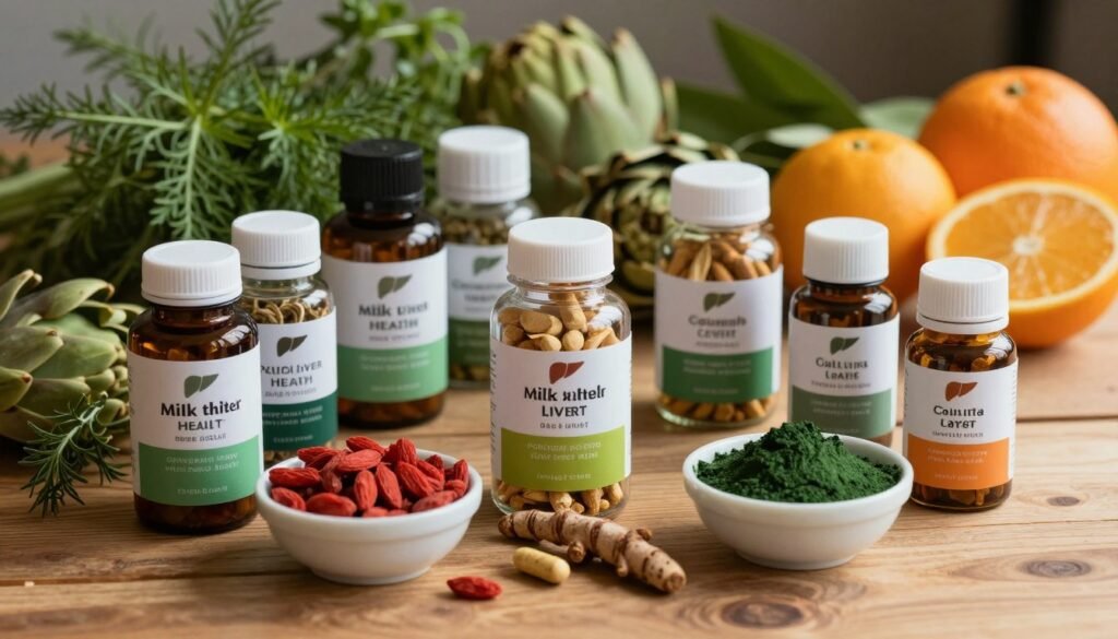 A beautifully arranged display of natural liver health supplements on a wooden surface. In the foreground, several bottles with herbal supplements featuring labels like milk thistle, dandelion root, and turmeric. Next to the bottles, small bowls filled with natural ingredients like goji berries, artichoke leaves, and spirulina add vibrant color. In the middle, a softly lit background of green herbs and fresh citrus fruits creates a refreshing atmosphere. The lighting is warm and inviting, casting gentle shadows that highlight the textures of the supplements and herbs. The image should evoke a sense of vitality and well-being, emphasizing the importance of natural remedies for liver support. Capture this scene from a slightly elevated angle, focusing on the holistic aspect of liver health.