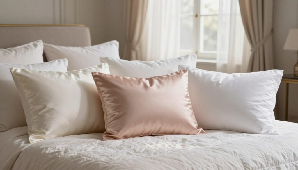 A beautifully arranged display of silk, satin, and cotton pillowcases in a cozy bedroom setting. In the foreground, three distinct pillowcases—one shimmering silk in soft ivory, one smooth satin in a pastel blush, and one textured cotton in a crisp white—are laid side by side on a luxurious bed adorned with a delicate quilt. The middle ground features elegant bedding elements and soft pillows creating a serene atmosphere, while the background showcases a softly lit window with sheer curtains allowing gentle morning light to filter through, casting a warm glow. The mood is soothing and inviting, emphasizing the beauty and elegance of textile choices for enhancing skin and hair care. Use a soft focus with a slight depth of field to keep the attention on the pillowcases.