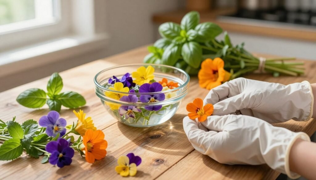 A beautifully arranged display of various edible flowers, such as violets, nasturtiums, and calendulas, showcased on a rustic wooden table. In the foreground, a pair of hands wearing clean, professional kitchen gloves carefully examines the vibrant blooms, emphasizing the importance of safety in consuming flowers. In the middle, a clear glass bowl filled with water holds some of the flowers, showcasing their colors and textures, while a set of fresh herbs like basil and mint lies nearby, suggesting a culinary use. The background features softly blurred kitchen elements, providing a warm and inviting atmosphere. Natural light streams in from a nearby window, casting gentle shadows and enhancing the freshness of the scene. The overall mood conveys safety, care, and the joy of exploring the world of edible flowers.