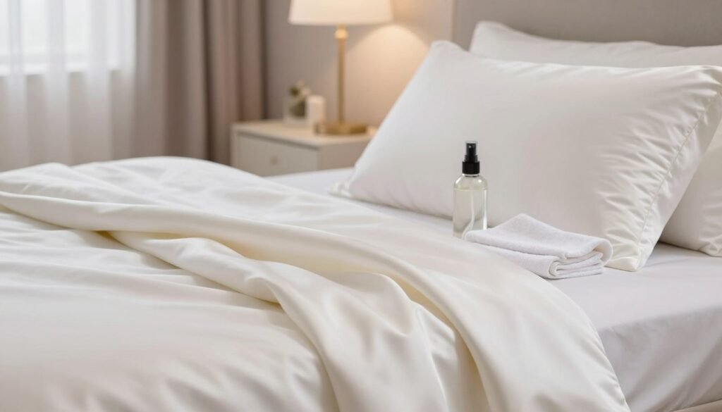 A beautifully arranged silk pillowcase draped elegantly over the edge of a soft, white bed. The foreground features delicate silk fabric, showcasing its lustrous sheen, with subtle wrinkles adding texture. In the middle, a glass spray bottle and a soft, white cloth lie next to the pillowcase, emphasizing proper care tools. The background is softly blurred, revealing a chic bedroom with muted pastel walls and warm, ambient lighting filtering through sheer curtains, creating a serene and inviting atmosphere. The scene captures the essence of luxury and gentle care, reflecting the concept of nurturing silk fabric. The image conveys a mood of tranquility and elegance, focusing solely on the silk care theme without any human presence or text elements.
