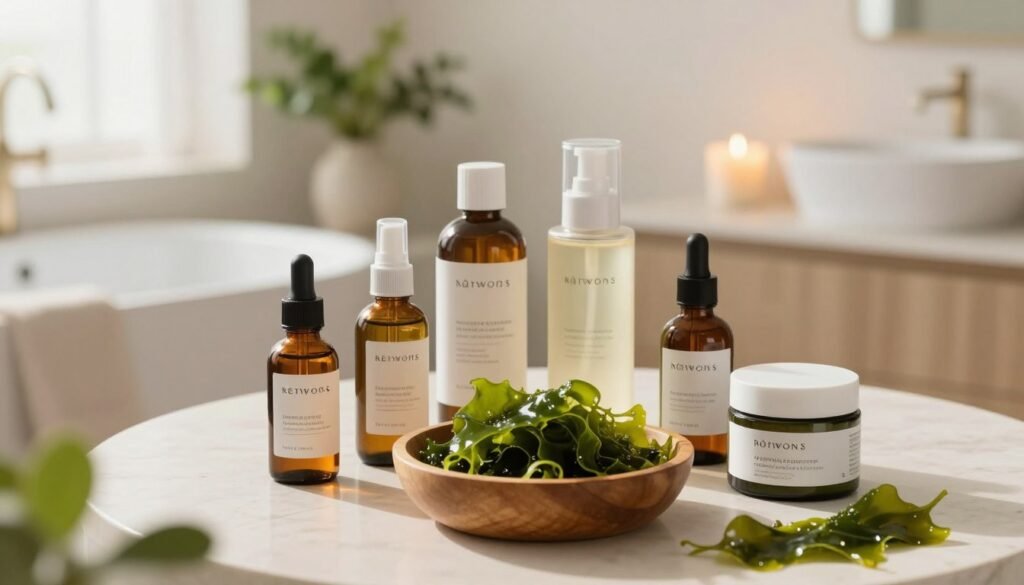 A calm and inviting skincare scene centered around a table featuring natural seaweed products. In the foreground, display a wooden bowl filled with fresh green seaweed, next to an array of elegant skincare bottles and jars labeled for different skin types. The middle ground should include a clean, well-lit countertop with a softly glowing candle and a small vase of seaweed-inspired foliage. In the background, a serene bathroom setting with soft natural light streaming in, perhaps filtering through sheer curtains. Use a warm color palette to convey a cozy and rejuvenating atmosphere. The image should evoke a sense of wellness and tranquility, suitable for a skincare routine, captured from a slightly elevated angle to highlight the products and their textures.