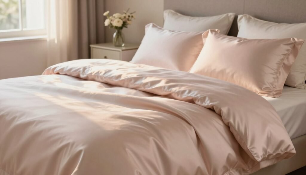 A cozy bedroom scene featuring luxurious silk pillowcases in soft pastel colors, arranged beautifully on a plush, inviting queen-sized bed. In the foreground, a close-up view of a silk pillowcase shows its smooth texture, reflecting soft, ambient light from a nearby window. The middle layer includes an elegantly draped silk duvet, exuding elegance and sophistication. In the background, the room is softly illuminated by golden hour sunlight, casting gentle shadows and creating a warm atmosphere. A stylish bedside table holds a small vase of fresh flowers, enhancing the serene mood. The image captures the essence of hair transformation, alluding to the benefits of silk for maintaining healthy hair and minimizing bedhead, evoking a sense of relaxation and beauty.