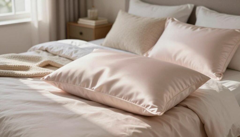A cozy bedroom scene showcasing the benefits of silk pillowcases. In the foreground, prominently display a luxurious silk pillowcase in a soft pastel color, gently illuminated to highlight its smooth texture. The middle ground features a neatly made bed adorned with several silk pillowcases, a cozy blanket, and decorative throw pillows to enhance the inviting atmosphere. In the background, softly blurred elements like a bedside table with natural light streaming through a window, casting warm shadows to create a serene ambiance. Emphasize a sense of tranquility and comfort, suggesting the restorative qualities of silk for skin and hair. Use gentle, natural lighting and a slightly elevated angle to capture the elegance of the scene.