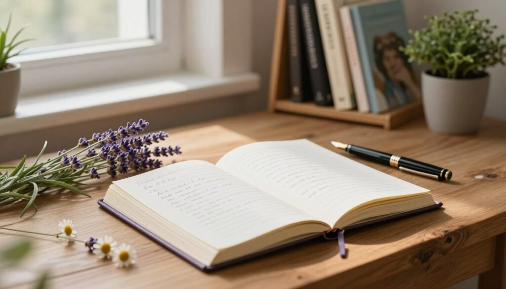 A cozy, inviting scene of a serene journaling space focuses on a beautifully crafted wooden table. In the foreground, an open journal lies next to an elegant fountain pen, surrounded by delicate, fresh flowers like lavender and chamomile, symbolizing healing and calm. The middle layer showcases a warm, soft light streaming through a nearby window, illuminating the pages filled with handwritten prompts related to skin health and emotional balance. In the background, a small bookshelf is filled with self-care and wellness books, while a potted plant adds a touch of greenery. The atmosphere is tranquil and nurturing, encouraging viewers to engage in self-care and reflection. The scene is captured with a soft focus, evoking a sense of peace and mindfulness.
