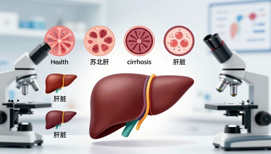 A detailed and informative illustration depicting common liver health conditions. In the foreground, an anatomically correct human liver is highlighted, showcasing signs of various conditions like fatty liver, cirrhosis, and hepatitis through visual elements such as color variations and textures. The middle ground includes diverse representations of healthy and diseased liver tissues under a microscope, with labels indicating each condition. In the background, a softly blurred medical setting with appropriate lab equipment and charts displaying liver health statistics creates context. The lighting is bright and clinical, emulating a laboratory atmosphere, with a focus on clarity and precision. The mood is educational and informative, aiming to raise awareness about liver health without any textual distractions.