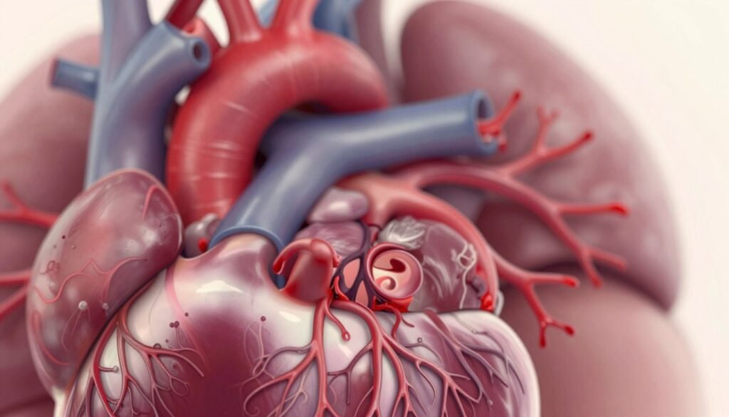 A detailed illustration of the cardiovascular system, showcasing the remarkable journey of blood. In the foreground, a close-up view of a healthy heart, pulsating gently with vibrant red and pink hues. In the middle ground, intricate blood vessels branching out, filled with flowing blood represented by rich crimson tones, conveying movement and vitality. The background is a soft-focus representation of various organs, lightly illuminated to emphasize the heart's central role. Use soft, natural lighting to create a warm, inviting atmosphere, with a slight lens blur to enhance the focus on the heart and blood flow. The mood should evoke a sense of life and wellness, highlighting the importance of cardiovascular health without any text or distractions.