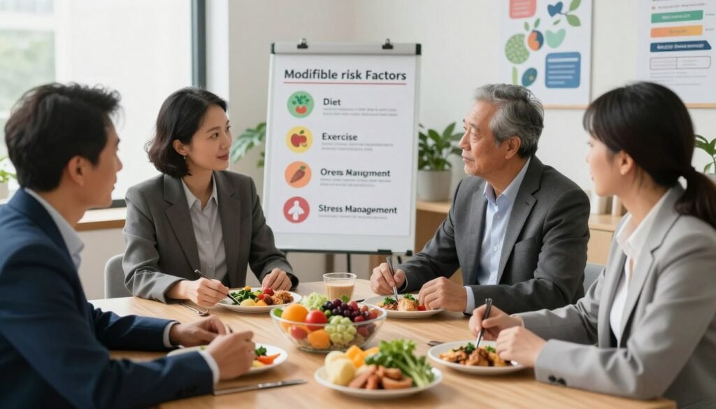 A diverse group of four adults in professional attire are gathered around a well-lit table, actively engaged in a discussion about heart health. In the foreground, a heart-healthy meal is elegantly presented, featuring a colorful array of fruits and vegetables, whole grains, and lean proteins. The middle ground showcases a large chart illustrating modifiable risk factors like diet, exercise, and stress management, allowing for clear visual engagement. The background includes a serene office space with plants and motivational health posters, creating a calm and encouraging atmosphere. Soft, natural lighting filters through the windows, emphasizing a sense of warmth and positivity, while a shallow depth of field focuses on the group’s determined expressions, conveying a proactive approach to heart disease prevention.