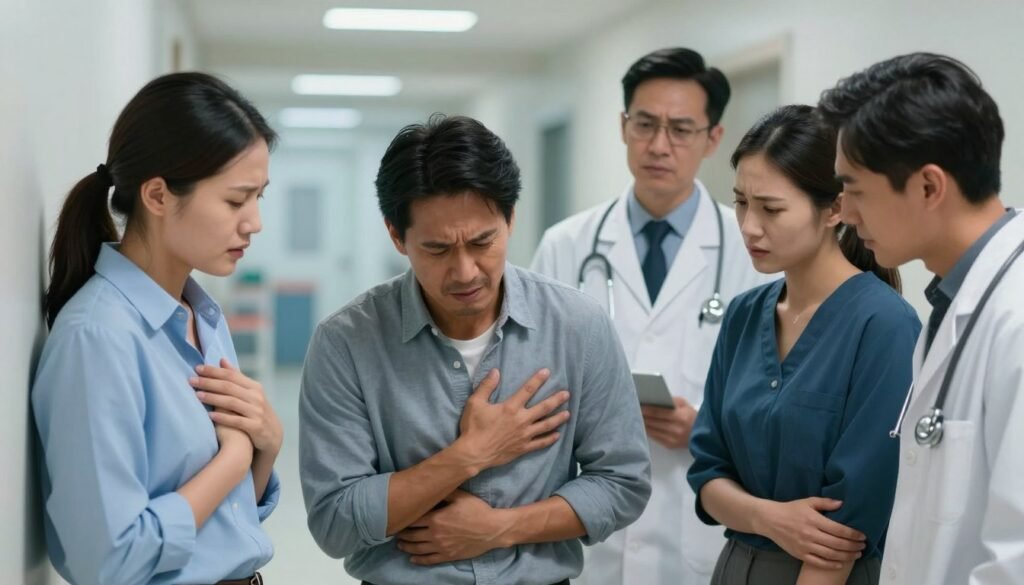 A medical setting showcasing heart attack symptoms. In the foreground, a diverse group of three individuals in professional attire exhibiting varying signs of distress: one holding their chest with an anguished expression, another with a worried look while clutching their arm, and a third leaning against a wall. In the middle ground, a medical professional in a lab coat observes them, ready to assist, with a stethoscope around their neck, conveying urgency. The background features a hospital corridor with soft, ambient lighting and medical equipment subtly illuminated, creating a serious yet hopeful atmosphere. Use a shallow depth of field to focus on the foreground subjects while softly blurring the background, enhancing the emotional impact of the scene.