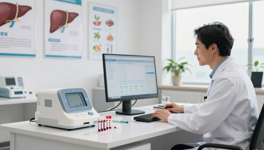 A modern, bright medical office with a sleek desk holding liver health monitoring equipment, such as blood test samples and diagnostic tools. In the foreground, a healthcare professional in a white lab coat and smart attire attentively examining a computer screen displaying liver health charts. In the middle ground, detailed posters on liver health and preventive measures decorate the walls, alongside a healthy lifestyle infographic. The background features large windows letting in warm, natural light, creating an inviting atmosphere. The mood is focused and optimistic, signifying the importance of proactive health monitoring. The image should be captured from a slightly elevated angle, emphasizing the desk and the professional's engaged expression, conveying an atmosphere of seriousness yet hopefulness in taking charge of liver health.
