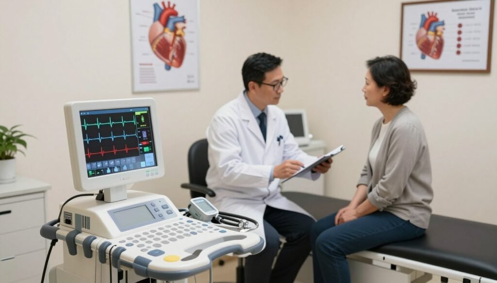 A modern medical examination room featuring heart health diagnostic tests. In the foreground, display an electrocardiogram machine with a digital screen showing rhythmic heart patterns. To the left, include a table with blood pressure monitoring equipment and a stethoscope neatly arranged. In the middle ground, display a doctor in a white coat and glasses, attentively examining a patient’s health records, while the patient, a middle-aged individual in professional attire, is sitting on an examination table. The background should have anatomical heart posters and a framed chart detailing heart health metrics. Utilize soft, neutral lighting to create a calm and professional atmosphere, with the image taken from a slightly elevated angle for clarity and detail.