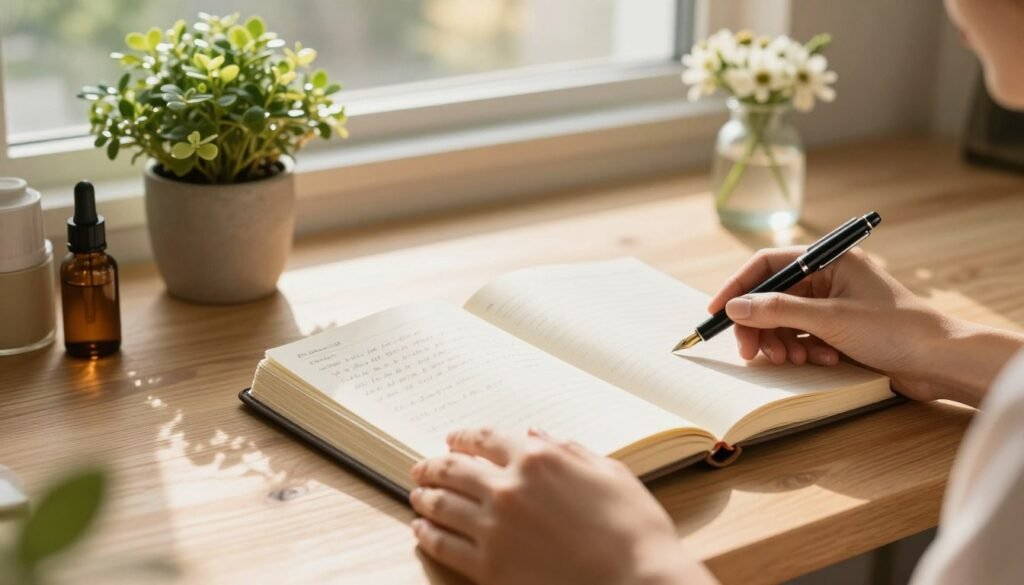 A serene and inviting workspace filled with natural light, featuring an elegant wooden desk adorned with a beautifully crafted journal, an open page filled with handwritten notes, and a fountain pen resting beside it. In the foreground, a pair of well-manicured hands gently hold the journal, conveying a sense of mindfulness and reflection. The middle ground showcases a potted plant and a small vase of fresh flowers, symbolizing vitality and wellness. The background displays a softly blurred window with sunlight streaming in, enhancing the atmosphere of tranquility. The overall mood is peaceful and nurturing, promoting the concept of connecting journaling with skin health and emotional balance. The lighting is warm and golden, suggesting a calm, positive energy.