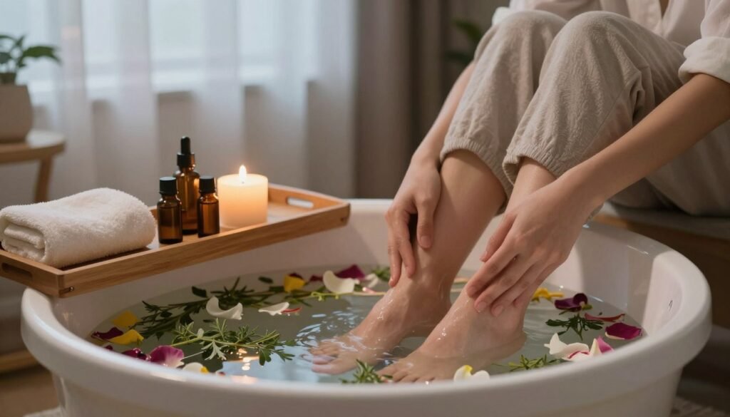 A serene evening scene focused on a cozy, aesthetically pleasing bathroom setting for foot health. In the foreground, a beautifully arranged foot soak tub filled with herbal water, adorned with fresh herbs and flower petals. Beside the tub, a wooden tray holds essential oils, candles, and a plush towel. The middle ground features a person in modest casual attire, gently placing their feet in the soak, their expression relaxed and content. The background showcases soft, ambient lighting, creating a calming atmosphere with a softly lit window draped in sheer curtains. The overall mood conveys tranquility and self-care, ideal for overcoming common foot treatment issues.