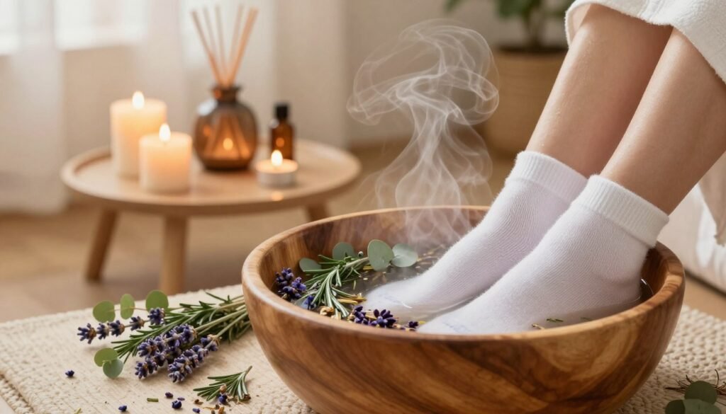 A serene herbal foot soak ritual taking place in a cozy, softly lit room. In the foreground, a wooden bowl filled with steaming herbal infusion featuring vibrant botanical ingredients like lavender, rosemary, and eucalyptus, with fresh herbs and flowers sprinkled around. A pair of feet, clad in comfortable white socks, gently rests on the side of the bowl, inviting relaxation. In the middle ground, a small table is decorated with lit candles and a calming essential oil diffuser. The background showcases a softly draped curtain allowing warm golden light to filter in, creating a tranquil ambiance. The scene embodies a sense of calm and self-care, emphasizing the soothing ritual of evening relaxation.