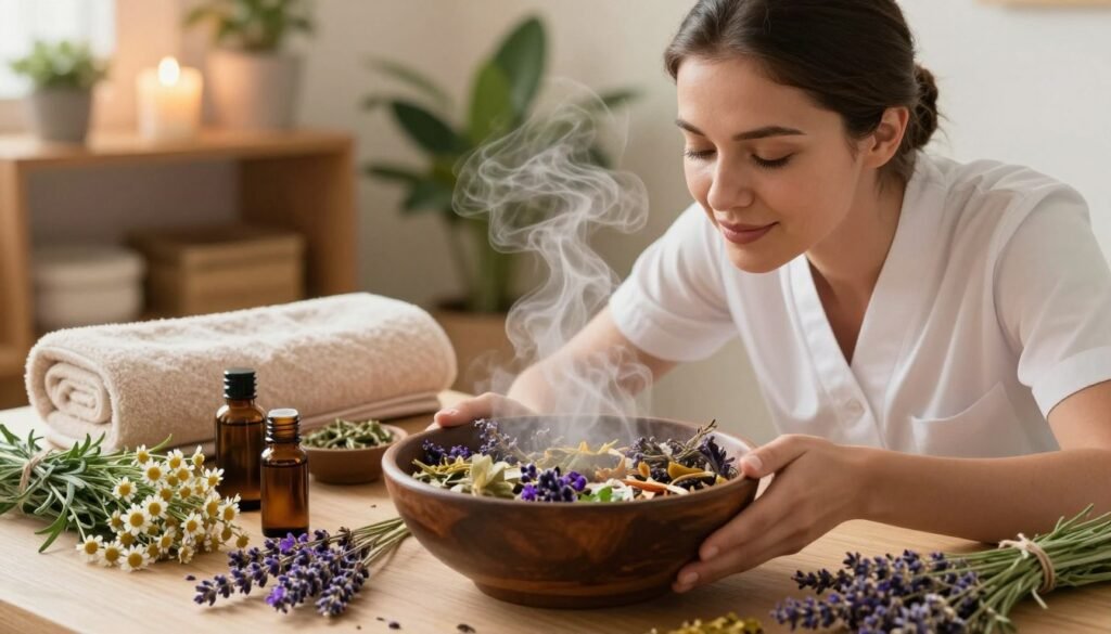 A serene herbal steam facial setup showcasing a tranquil spa environment. In the foreground, a steaming bowl filled with fragrant herbs and essential oils, radiating gentle wisps of steam. A modestly dressed, professional woman is leaning slightly over the bowl, her expression relaxed and rejuvenated. The middle ground features soft towels, a peaceful ambiance with essential oil bottles, and exotic herbs like chamomile and lavender scattered artfully around. In the background, a softly-lit room adorned with natural elements such as wooden shelves and potted plants, enhancing the soothing atmosphere. The lighting is warm and inviting, creating a calming effect. Capture the scene from a slightly elevated angle, focusing on the vibrant colors and textures to evoke a sense of wellness and revitalization.