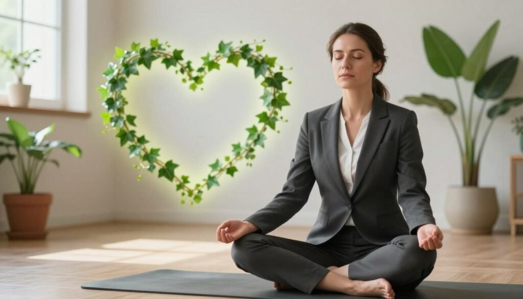A serene indoor setting focuses on a professional woman, dressed in smart business attire, practicing relaxation techniques for stress management, such as deep breathing or meditation. In the foreground, she sits cross-legged on a yoga mat, her expression calm and centered. The middle ground features a softly glowing heart-shaped symbol entwined with green ivy, symbolizing heart health and vitality. The background is a tranquil space with natural light streaming through a window, illuminating potted plants and soothing colors that evoke peace. The overall atmosphere is one of harmony and balance, emphasizing the importance of managing stress for optimal heart function. The composition is captured with a soft focus lens, enhancing the calm mood and inviting viewers into this peaceful moment.