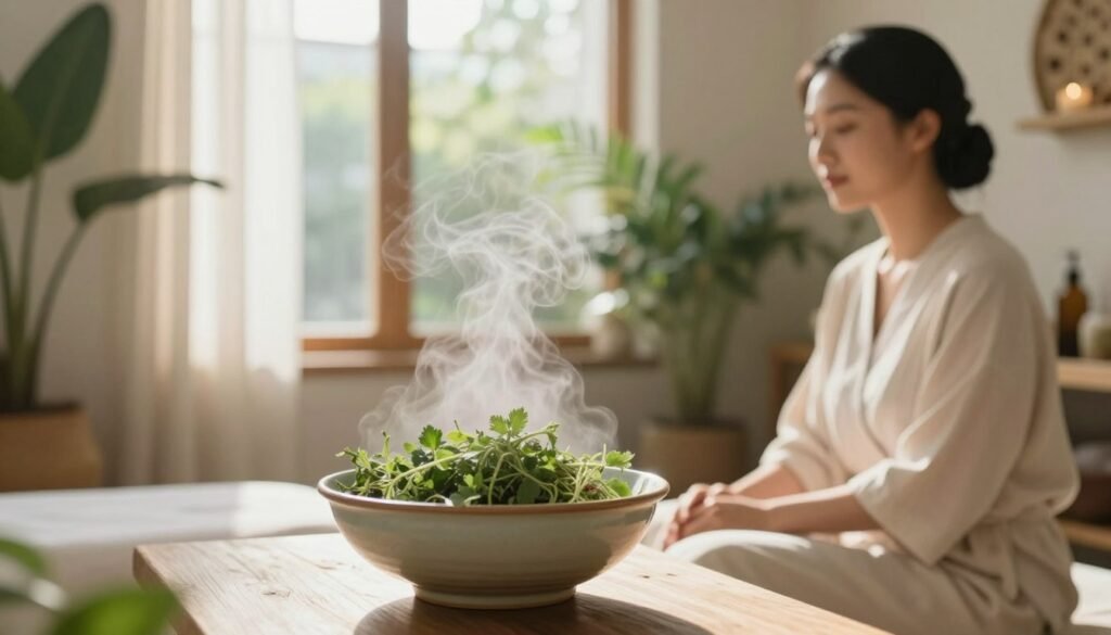 A serene, inviting herbal steam facial setup in a peaceful spa environment. In the foreground, a delicate ceramic bowl filled with vibrant green herbs, steam rising gently, creating a sense of warmth and relaxation. A lady in comfortable, modest attire sits peacefully beside the bowl, her face turned towards the steam, eyes closed. In the middle ground, soft, natural lighting illuminates the scene, cascading from large, airy windows adorned with sheer curtains, allowing gentle sunlight to filter through. The background features lush indoor plants and calming nature-inspired decor, enhancing the tranquil atmosphere. The overall mood is soothing and rejuvenating, evoking a sense of natural beauty and radiant skin.