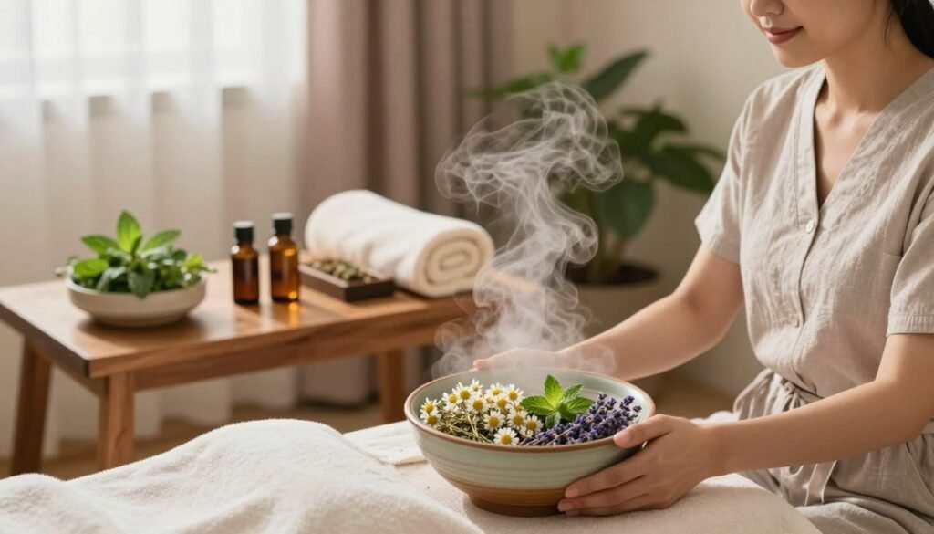 A serene, inviting setting for a herbal steam facial. In the foreground, a professional woman wearing a modest, casual outfit is seated comfortably beside a beautifully arranged herbal steam facial setup. The steam gently rises from a ceramic bowl filled with vibrant herbs like chamomile, lavender, and mint, creating a soothing atmosphere. The middle layer features a wooden table adorned with a few essential oils and neatly folded towels, surrounded by soft greenery. The background showcases a softly lit spa room with calming pastel colors, delicate curtains, and plants that enhance the relaxing ambiance. The lighting should be warm and diffused, conveying tranquility and rejuvenation. Use a slightly elevated angle to capture the whole scene effectively, emphasizing the calming and restorative qualities of a seasonal skincare ritual.