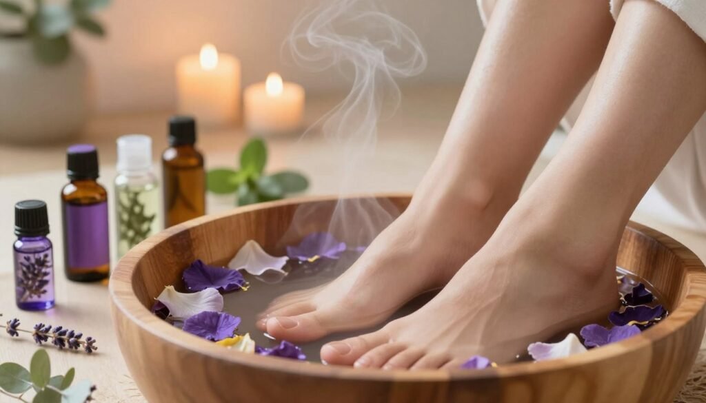 A serene, inviting setting for herbal foot soaks, featuring a beautifully arranged wooden basin filled with warm, aromatic water surrounded by delicate petals and essential oil bottles. In the foreground, a pair of feet, comfortably submerged, showcasing soft skin and relaxed posture. The middle ground includes stylish, organized essential oils like lavender, eucalyptus, and peppermint, with calming, natural fragrances wafting through the air. The background softly fades into a warm, softly lit room with candles casting a gentle glow, creating an atmosphere of tranquility. Use soft focus effects to enhance the calming mood while emphasizing the therapeutic benefits of aromatherapy. The scene captures the essence of self-care and relaxation, inviting viewers into a moment of peace and rejuvenation.