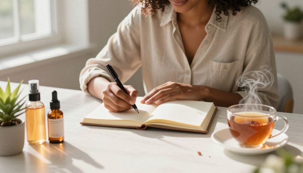A serene journal scene centered on a person of diverse descent, sitting comfortably at a stylish desk bathed in soft, natural light from a nearby window. The individual, dressed in modest casual attire, is writing in a beautifully designed journal, surrounded by aesthetic elements that evoke a sense of tranquility and wellness. In the foreground, vibrant skincare products, plants, and a steaming cup of herbal tea enhance the atmosphere of self-care. The middle ground features the person's glowing skin reflecting the harmony between emotional balance and physical wellness. A warm, inviting ambiance envelops the scene, with gentle sunlight casting soft shadows and highlighting the textures of the desk, journal, and products. Overall, the image conveys a sense of personal transformation and the soothing practice of journaling for radiant skin.