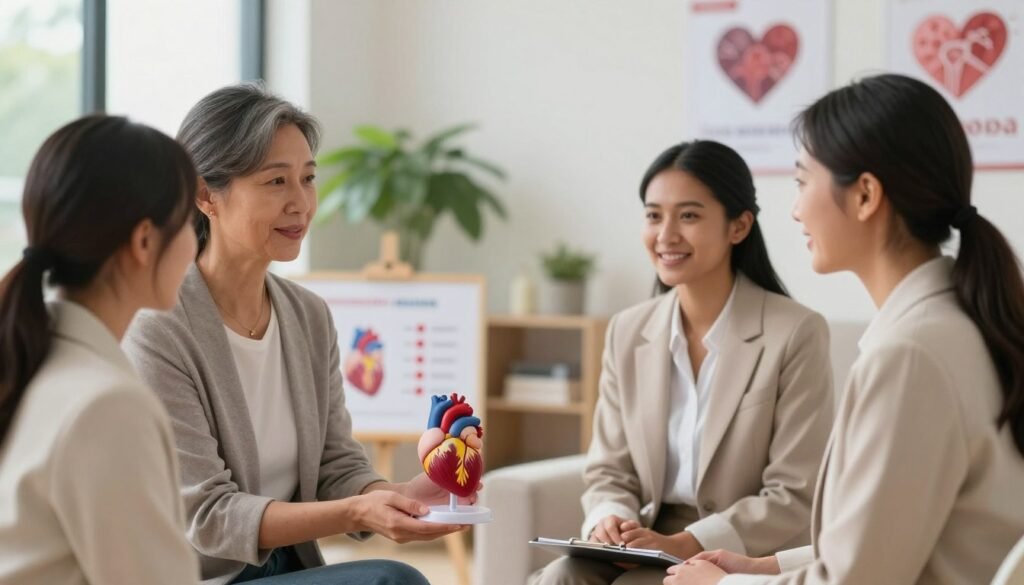A serene scene illustrating women's heart health, focused on a multicultural group of women in professional business attire engaging in health-related activities. In the foreground, a middle-aged woman of Asian descent confidently holds a heart model, symbolizing awareness. Beside her, a Black woman talks to a young Latina woman, all smiling and supporting each other. The middle ground features a soft-focus chart depicting heart health statistics, while the background shows a bright, welcoming clinic space with green plants and heart health posters, emphasizing a positive atmosphere. Soft natural lighting filters through the windows, creating a warm and encouraging mood. The composition should evoke a sense of empowerment and community, highlighting the unique concerns and considerations of women’s heart health.
