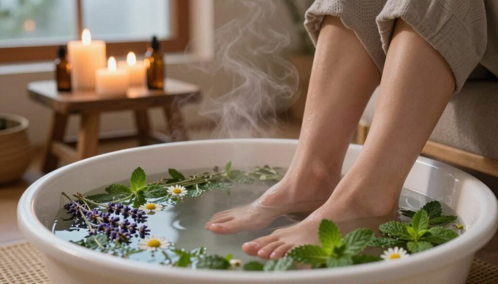 A serene scene of a calming herbal foot soak ritual set in a cozy, softly lit atmosphere. In the foreground, a large foot bath filled with warm, steaming herbal-infused water, vibrant green herbs like lavender, chamomile, and mint floating on the surface. A pair of relaxed feet, wearing simple, modest casual attire, are gently immersed in the foot soak. The middle ground features a small wooden stool with candles and essential oils, exuding a warm, golden glow. In the background, a softly blurred window reveals hints of a twilight sky, casting a soothing light throughout the room. The overall mood is tranquil and inviting, perfect for unwinding after a long day.