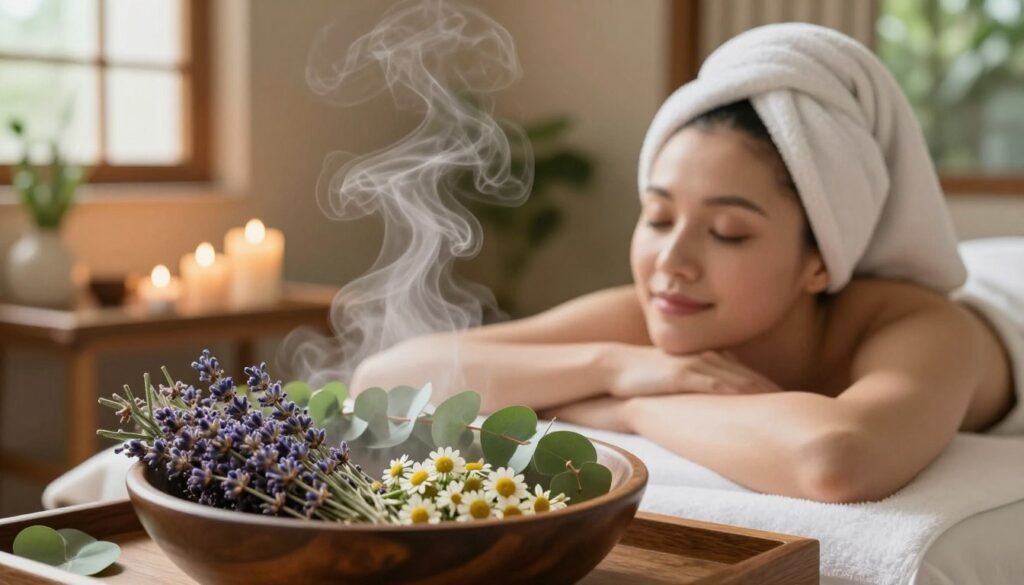 A serene spa setting featuring a woman in modest casual clothing enjoying a herbal steam facial. In the foreground, a steaming bowl filled with fresh herbs like lavender, chamomile, and eucalyptus releases gentle wisps of steam. The middle ground showcases the woman’s tranquil expression as she relaxes with a soft towel wrapped around her head, surrounded by greenery and soothing candles. The background displays an inviting, softly lit treatment room with bamboo accents and a hint of nature outside a window, creating a calming atmosphere. The lighting is warm and soft, accentuating the natural colors of the herbs and creating a peaceful ambiance. The overall mood is one of relaxation and rejuvenation, perfectly capturing the essence of a herbal steam facial experience.