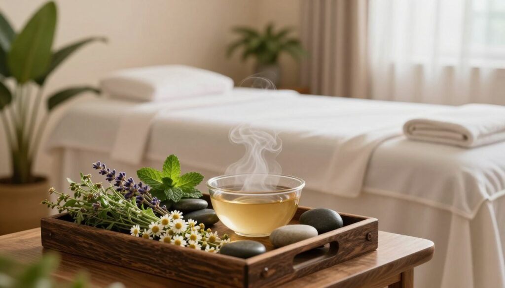 A serene spa setting focusing on herbal facial cleansing. In the foreground, a beautifully arranged wooden tray displays various herbs like chamomile, lavender, and mint, with a steaming bowl of herbal infusion surrounded by smooth stones. The middle features a peaceful and well-lit treatment room, showcasing a massage table draped in soft white linen. In the background, leafy green plants and light-colored bamboo create a tranquil atmosphere, enhanced by soft, warm lighting filtering through sheer curtains. The mood is calm and rejuvenating, emphasizing a holistic approach to skincare and wellness. Consider a shallow depth of field to highlight the tray while softly blurring the background, conveying a sense of relaxation and care.