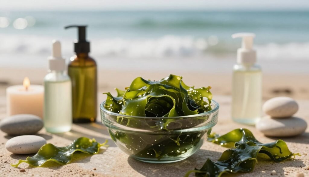 A serene spa setting showcasing the skin benefits of seaweed. In the foreground, a clear glass bowl filled with fresh, lush seaweed sits on a smooth stone surface, surrounded by various natural skincare products. The middle ground features soft, glowing candles and delicate ocean stones, creating a calming atmosphere. In the background, a blurred image of a tranquil ocean waves gently lapping at the shore, with soft sunlight filtering through, enhancing the tranquil mood. The overall color palette is earthy greens and soft blues, invoking a sense of wellness and rejuvenation. The lighting is warm and inviting, highlighting the textures of the seaweed and skincare products, shot with a shallow depth of field for a dreamy effect.