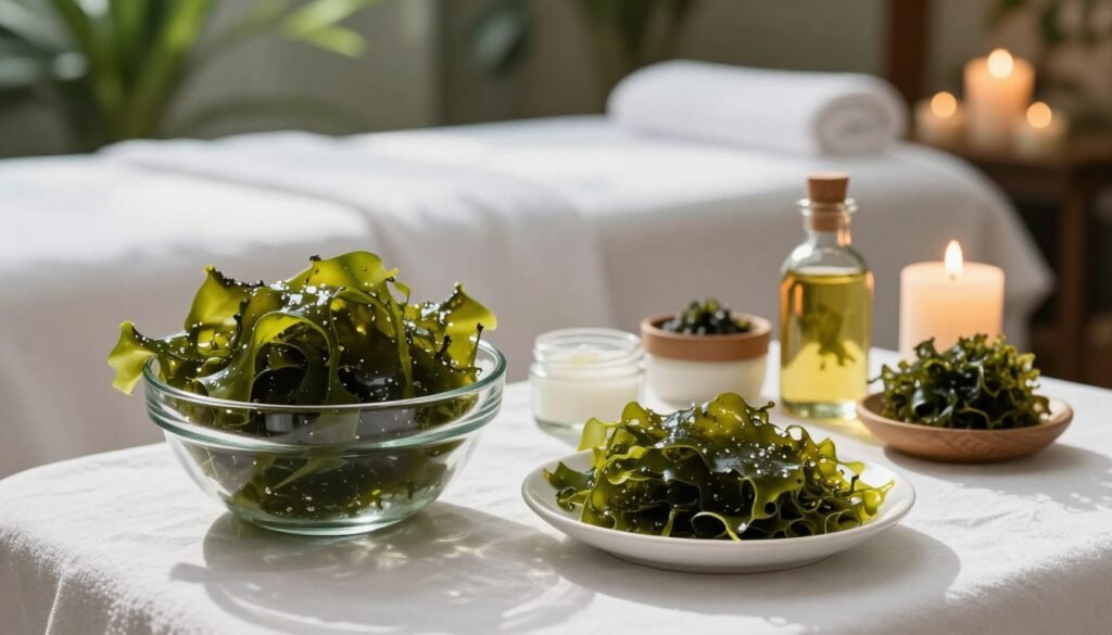 A serene spa setting with a focus on seaweed, emphasizing its benefits for skin health. In the foreground, a glass bowl filled with vibrant, fresh seaweed sits beside a small plate of seaweed-based skincare products, elegantly arranged. In the middle, a softly lit, tranquil massage table draped in white linen exudes calmness, while a jar of seaweed-infused oil and a few natural ingredients are tastefully positioned nearby. The background features lush greenery and soft-lighted candles, creating a warm and inviting atmosphere. The scene captures a harmonious blend of wellness and nature, with natural sunlight filtering through, casting gentle shadows that enhance the peaceful vibe. The image should be professionally composed, with a macro lens focus that highlights the textures and colors of the seaweed and products, evoking a sense of rejuvenation and serenity.